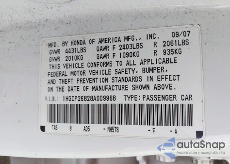 2008 Honda Accord Exl z USA, uszkodzony, nr VIN 1HGCP26828A009968